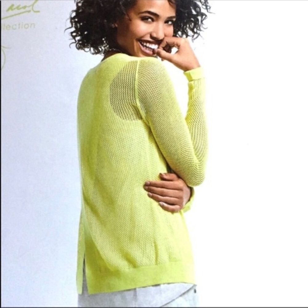 CABI Lemon Lime Split Back Mesh Sweater Sz S #199 EUC